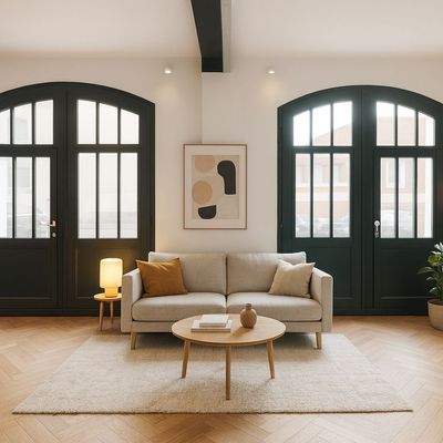 Gestaltungsbeispiel für den zukünftigen Wohnbereich mit hohen Fenstern