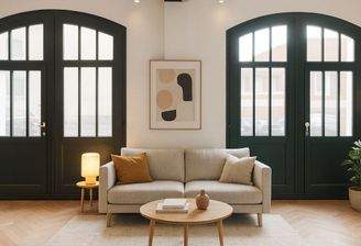 Gestaltungsbeispiel für den zukünftigen Wohnbereich mit hohen Fenstern