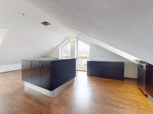 Ansicht III: Wohn- und Esszimmer mit offenem Küchenbereich