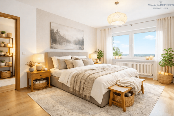 Visualisierung des Schlafzimmers mit schöner großer Fenster front und Aussicht