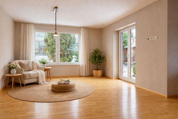Helles Wohnzimmer mit Ausblick zur Terrasse