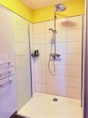 große Dusche und tolle Einbaumöbel