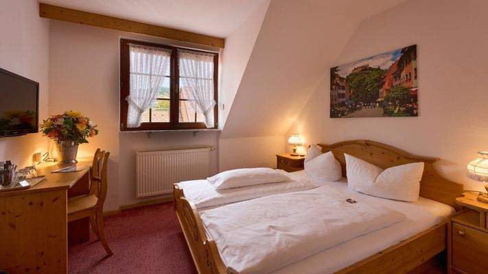 Zimmer mit Doppelbett und Blick über die umliegenden Dächer