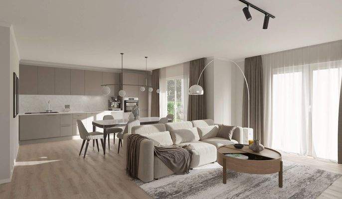 Ein geräumiges Wohnzimmer mit bodentiefen Fenstern