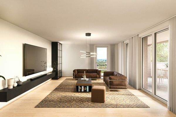 Modernes Wohnzimmer mit braunen Ledersofas, Holzboden, gemustertem Teppich und einem grossen Fernseher an der Wand.