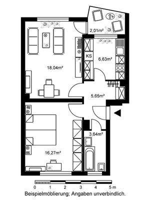 Grundriss mit ca 2,01m²Balkon, Wohnzimmer ca 18,04m², Flur ca 5,65m², Küche ca 6,63m², Schlafzimmer ca 16,27m² und Bad 3,64m²