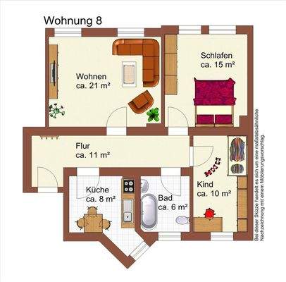 Grundriss beispielhaft möbliert (hier ohne Balkon)