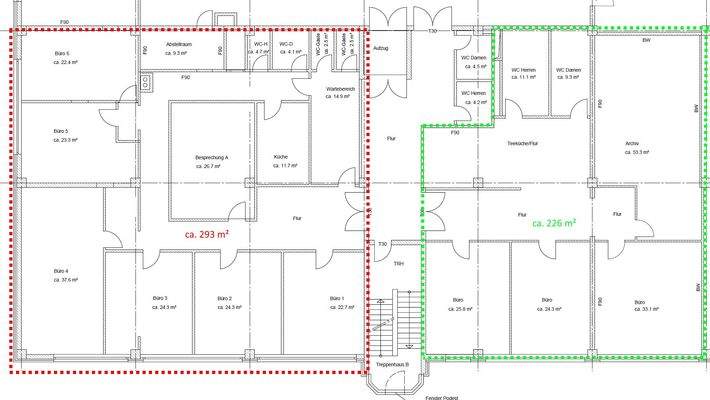 Grundriss 1.OG mit ca. 226 m² und mit ca. 293 m²