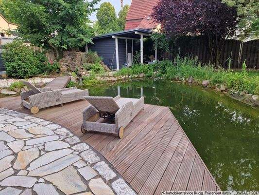 Blick von der Terrasse auf den Schwimmteich