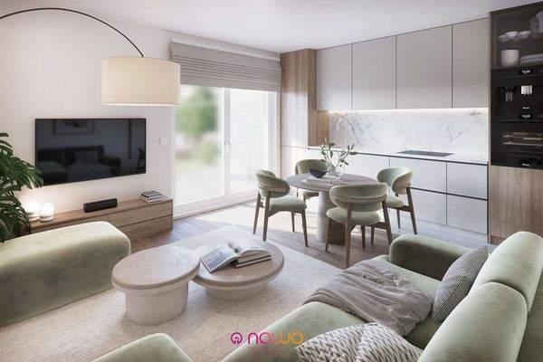 Whg. 8 - Blick ins Wohnzimmer und in die Küche mit Zugang zum Balkon