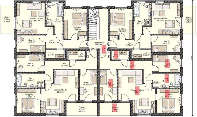 Grundriss Whg.7 rot markiert
