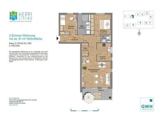 Grundriss mit Flur (10,49 m²), Bad (8,07 m²), WC (2,12 m²), Küche (8,06 m²), Wohnzimmer (30,78 m²), Schlafzimmer (13,31 m²), Kinderzimmer (9,85 m²), Abstellraum (2,72 m²) und Balkon
