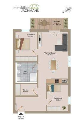 Grundriss WE 24 (1.OG) + WE 40 (2.OG) - Bauteil Süd - Süd-Ost-Ausrichtung