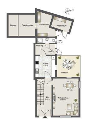 Erdgeschoss, nicht maßstabsgerecht (Einrichtungsbeispiel)!