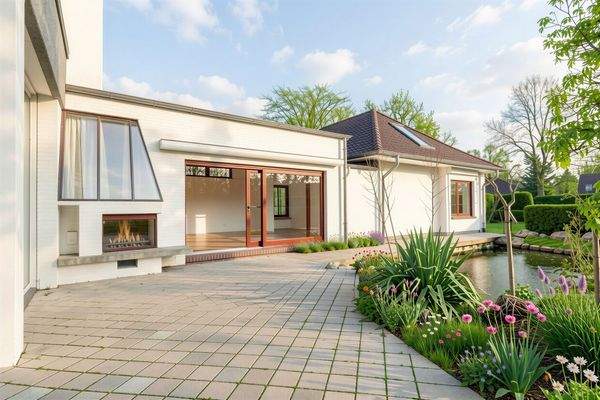 Terrasse mit Kamin und Teich - Einrichtungsbeispiel