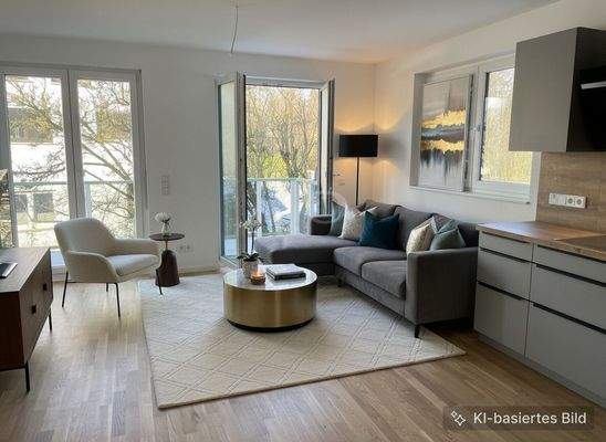 Wohnzimmerbereich mit Ausgang zum seitlichen Balkon mit Beipieleinrichtung