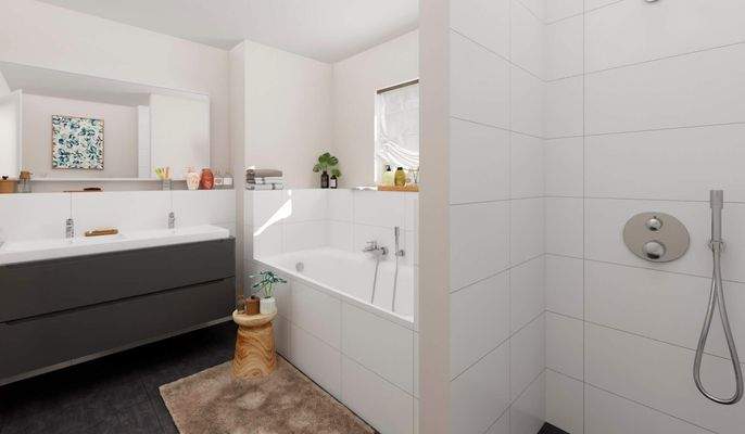 Modern gefliestes Tageslichtbad mit Badewanne im Obergeschoss