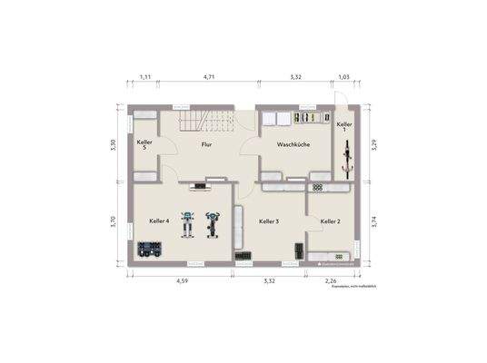 Grundriss Kellergeschoss (nicht maßstabsgerecht, Möblierungsbeispiel)