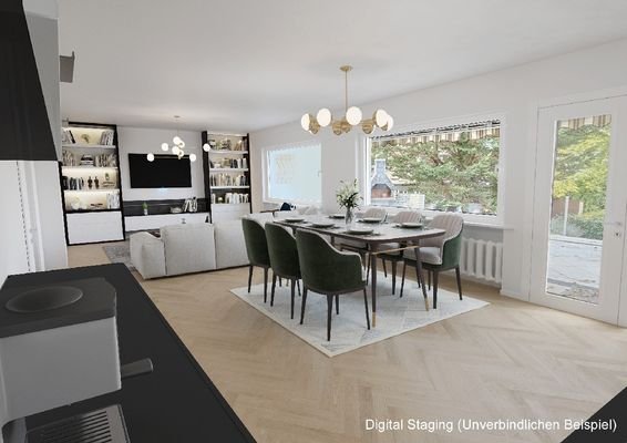 Wohn-/Esszimmer mit offener Küche (unverbindl. Vorschlag Digital Staging)