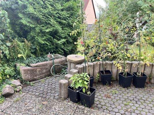 Terrasse mit Sandsteintrog und Wasseranschluss