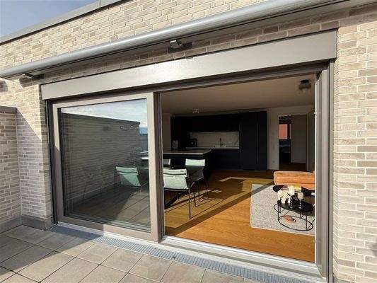 Südterrasse mit Blick Wohnen/Essen/Küche