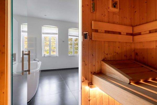 Sauna mit Blick ins Badezimmer 