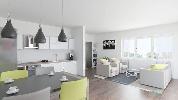 Wohnzimmer Ansicht Küche und Wohnbereich