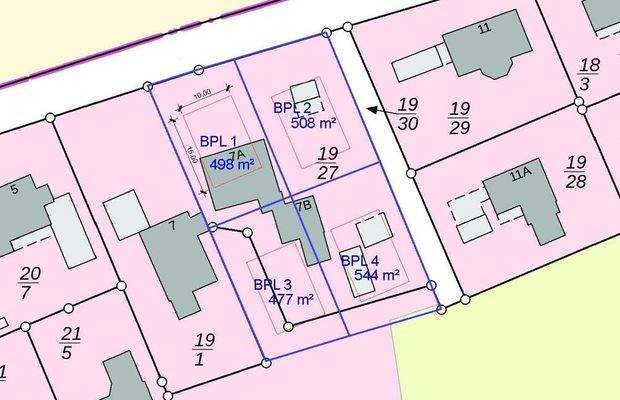 Skizzierung der möglichen Grundstücksaufteilung und Bebauung