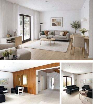 Oben: Wohnzimmer mit KI-Animation, Unten: Wohnzimmeransichten