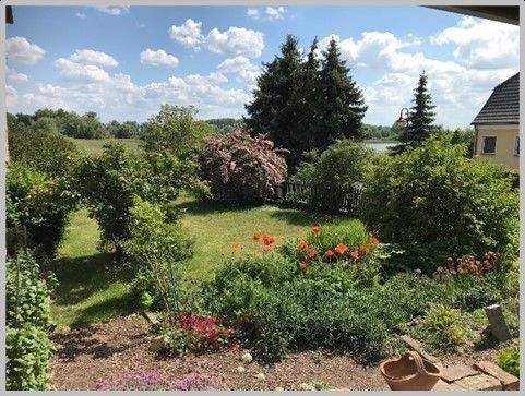 Garten m. Blick zum See n. Süden und Blumenbeeten