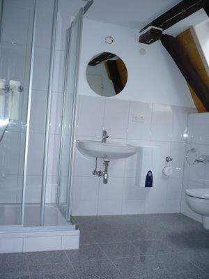 Bad mit Dusche, WC, Waschbecken und Waschmaschinenanschluss