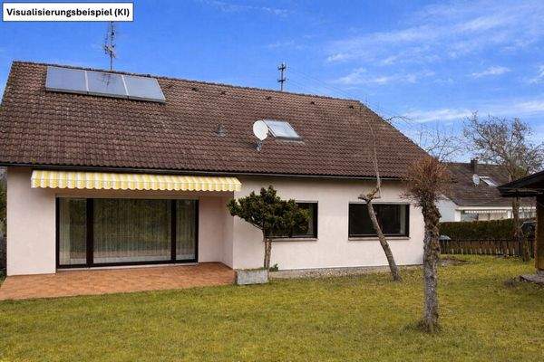 Blick vom Garten aufs Haus - KI aufgeräumt