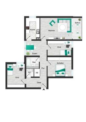 Wohnungsgrundriss 3-Zimmer