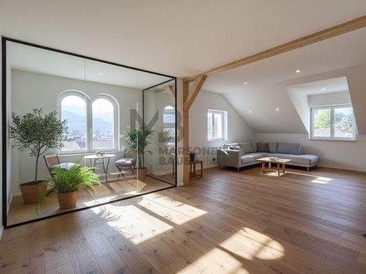 Innendarstellung mit Einrichtungsbeispiel zur Veranschaulichung - W04_Wohnung 2. Stock Süd - rendering interno con proposta di arredamento a solo scopo illustrativo