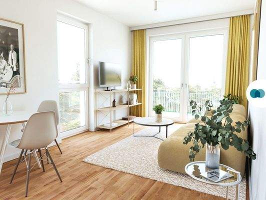 Ansicht II: Wohn- und Esszimmer mit offenem Küchenbereich