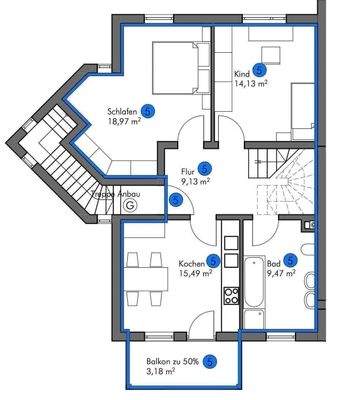 Wohnung Nr 5, untere Etage mit Südwestbalkon