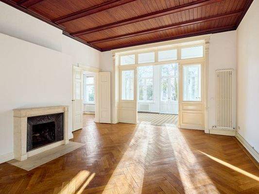 Kamin-und Speisezimmer mit Zugang zum Wintergarten