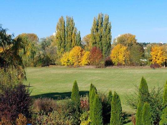 Ausblick von der Loggia in den herbstlichen Regnitzgrund