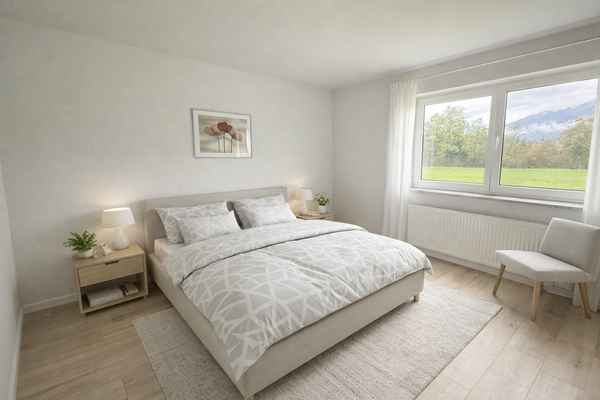 Schlafzimmer mit KI generierten Dekoration / Einrichtung 