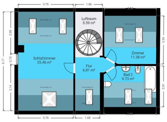 Grundriss Spitzboden (Ausgewiesene Fläche ist Grundfläche des Raumes und nicht Wohnfläche)