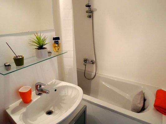 Badezimmer mit Wanne und Waschmaschine