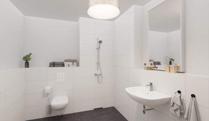 Modern gefliestes Badezimmer mit bodengleicher Dus