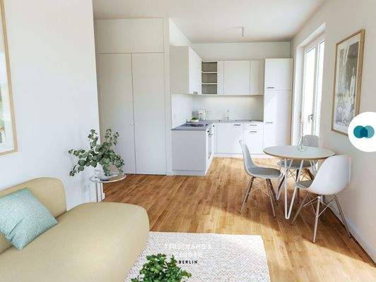 Ansicht IV: Wohn- und Esszimmer mit offenem Küchenbereich