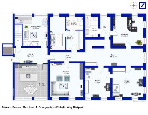 Grundriss Bestand OG I WHG II/ Apartment
