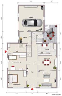 Grundriss Erdgeschoss (nicht maßstabsgerecht, Möblierungsbeispiel)