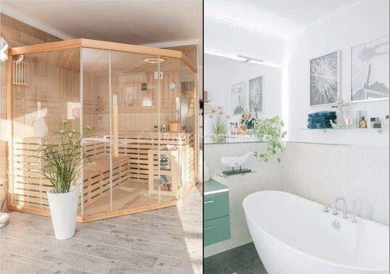 Sauna und Badezimmer mit Badewanne