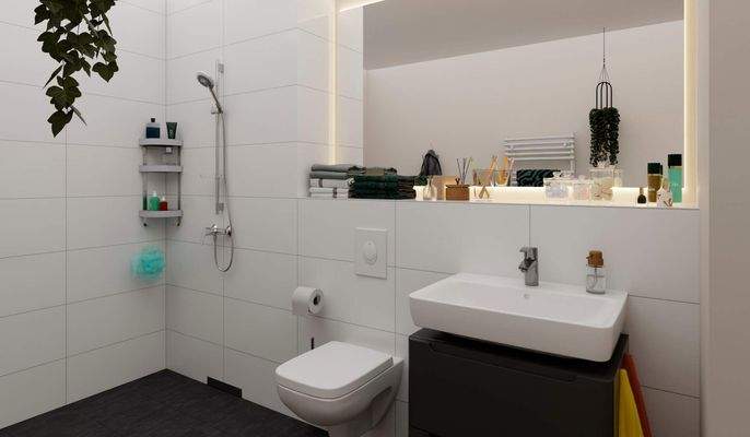 Ein modern gefliestes Badezimmer