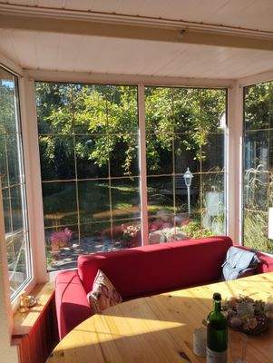 Blick aus dem Wohnzimmer in den Garten mit großem Apfelbaum