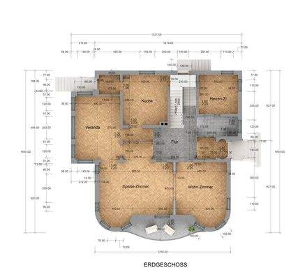 Grundriss Erdgeschoss visualisiert bemaßt
