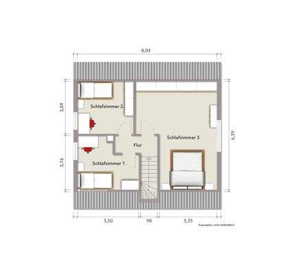 Grundriss Dachgeschoss  (nicht maßstabsgerecht, Möblierungsbeispiel)